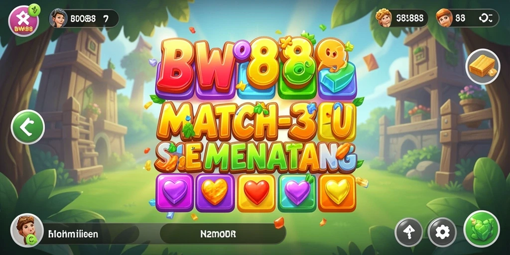 Tangkapan layar permainan BWO888 menampilkan aksi mencocokkan permata yang seru.