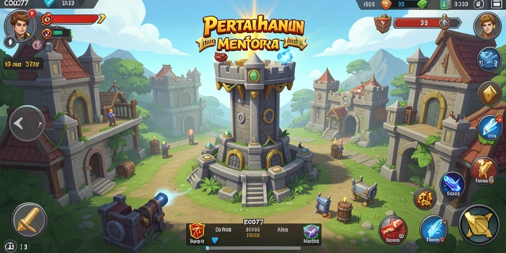 Screenshot gameplay COO77 menampilkan aksi pertahanan menara yang seru.