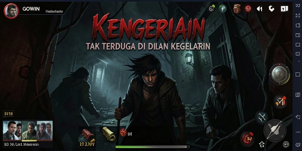 Screenshot gameplay GOWIN menampilkan suasana menegangkan di lokasi gelap.